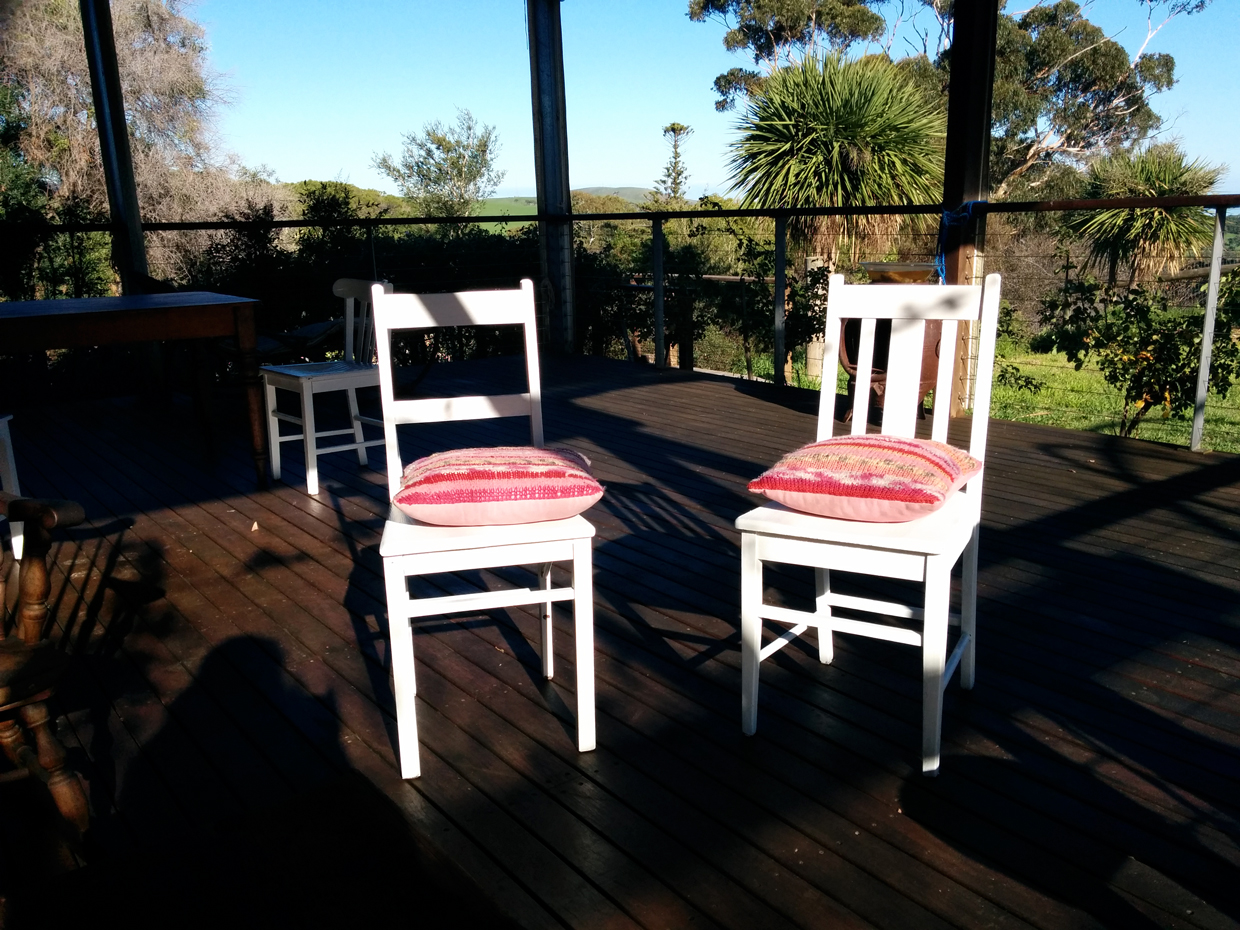 Chairs, pre- paint, with cushions Ruth crocheted herself. That woman is so handy and talented, and does beautiful drawings as well. I'm encouraging her to open an Etsy shop with her drawings.